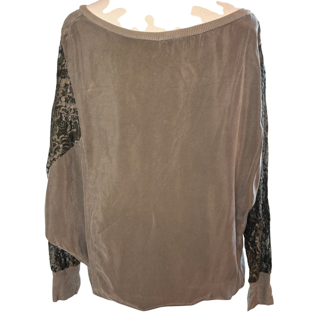 Miss‎ Ferriday Taupe Silk Blouse Lace Sleeves Mixed Media Romantic Top - Picture 3 of 9
